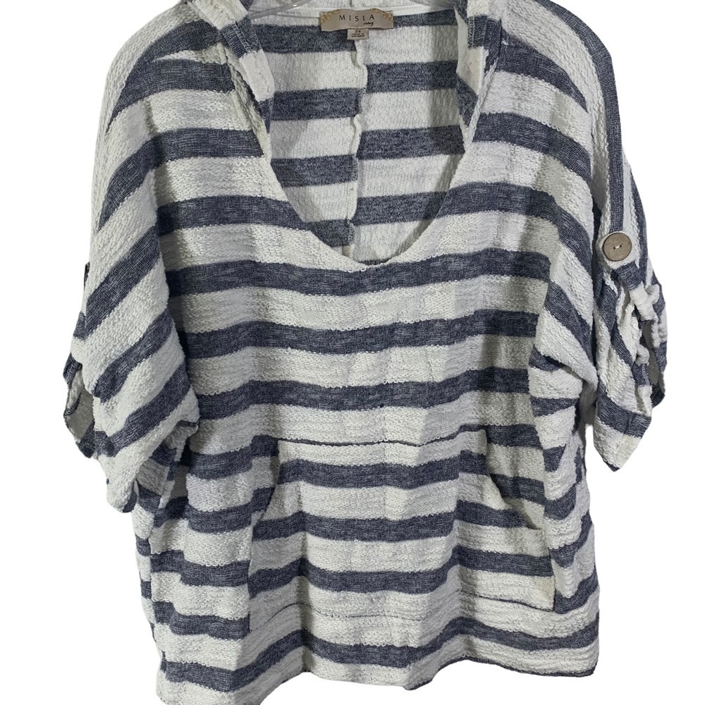 Misia Curvy Women's Cotton Poly Blend Blue White Strip Tab 3/4 Sleeve Size 2X